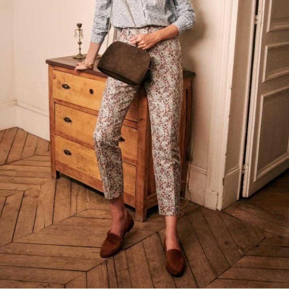 Sezane Gustav Trouser Pant Jacquard Fleurs Brocade Floral Blue Size 8